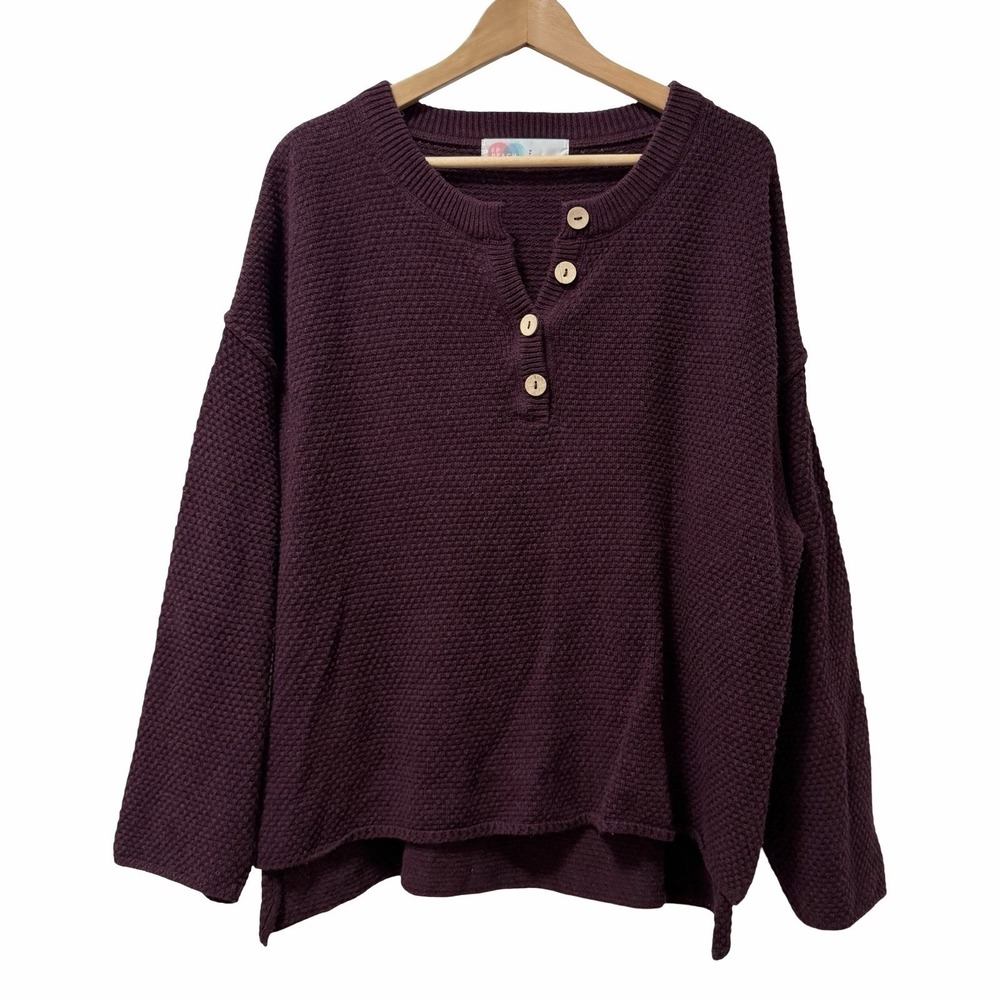 Free People FP Beach Hailee Sweater Size S Burgundy Waffle Knit Henley Cotton